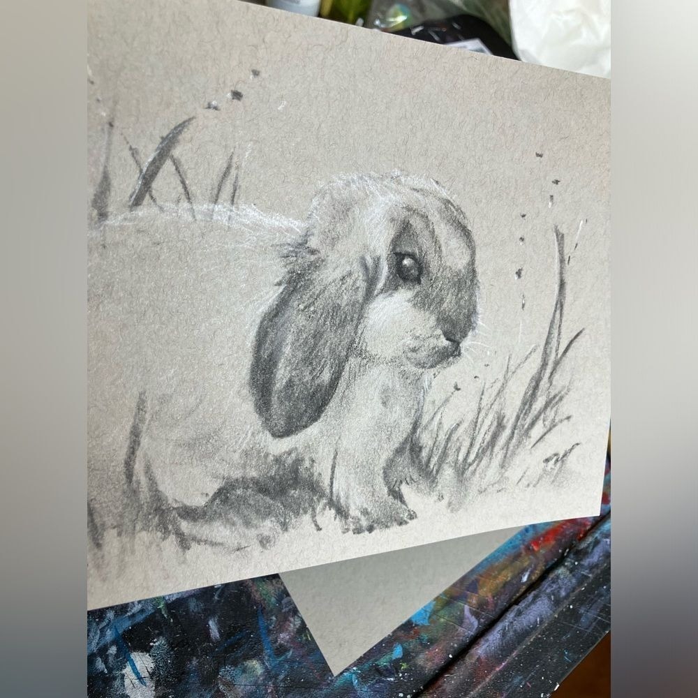 Bunny Original painting Lop rabbit art charcoal pastel animals Artettina USA - Picture 2 of 6